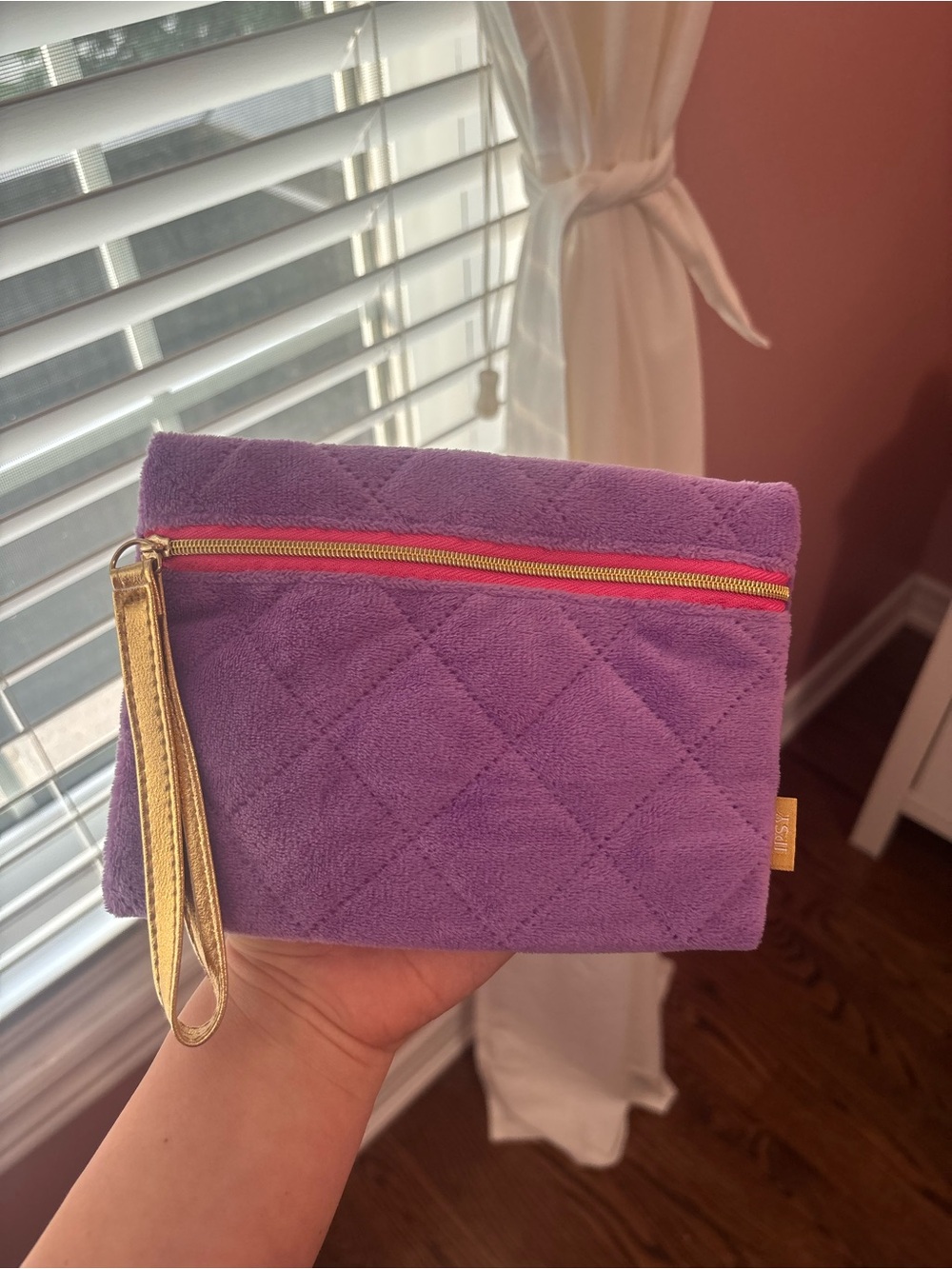 ipsy Purple Quilted Wristlet with Gold Strap and Pink Zipper